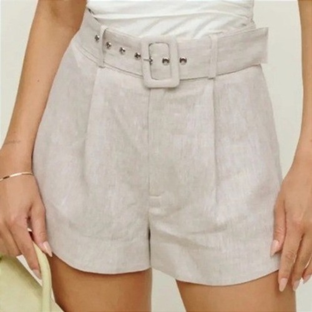 Reformation High Waist Belted Linen Shorts in Light Beige